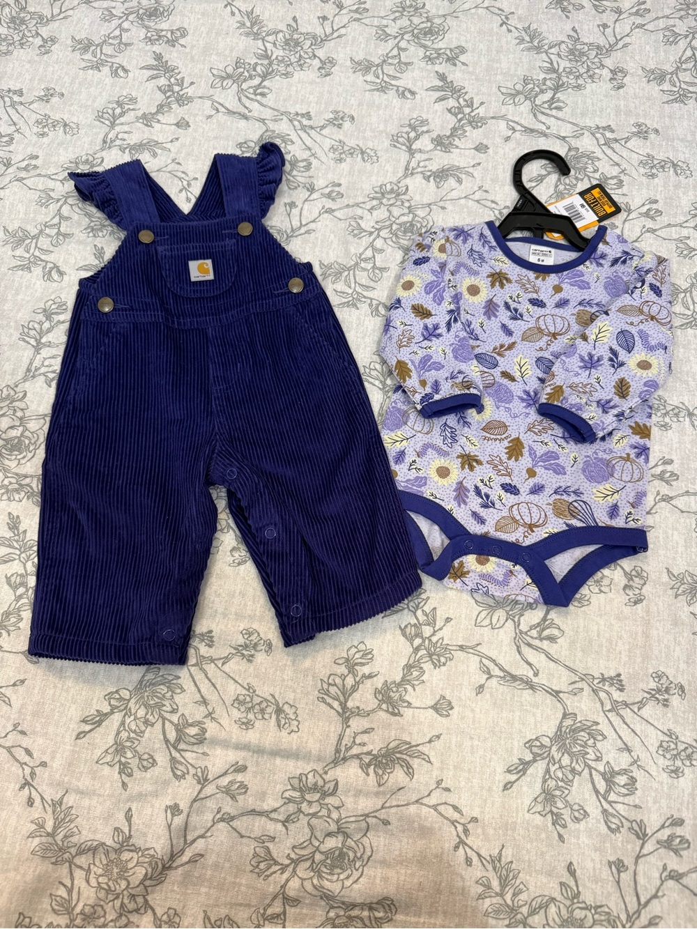 Carhartt Purple Corduroy Baby Overalls with Floral Bodysuit